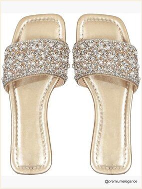 Sparkly Rhinestone Pearl Bridal Flat Sandals Boho Wedding Square Toe Slip On